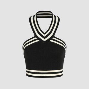 BLACK & WHITE HALTER KNIT CROP TOP